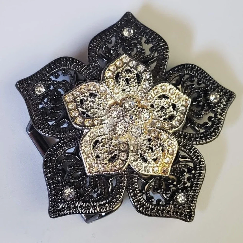 Ornate Rhinestone Filigree Flower Belt Buckle Gunmetal Silver Tone Steampunk